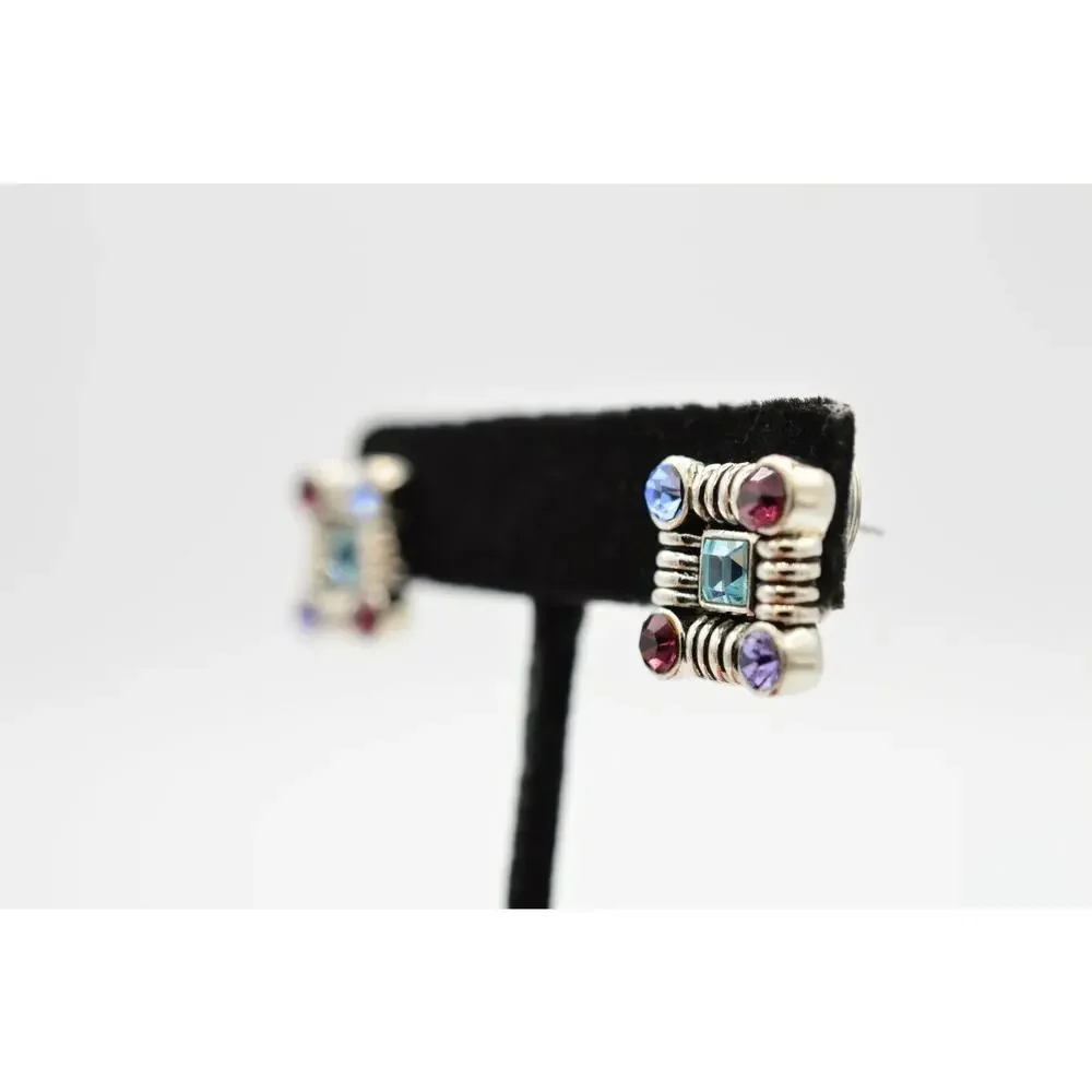 Vintage Stud Earrings Shiny Rhinestone Crystal Square Blue Purple Silver Bin4